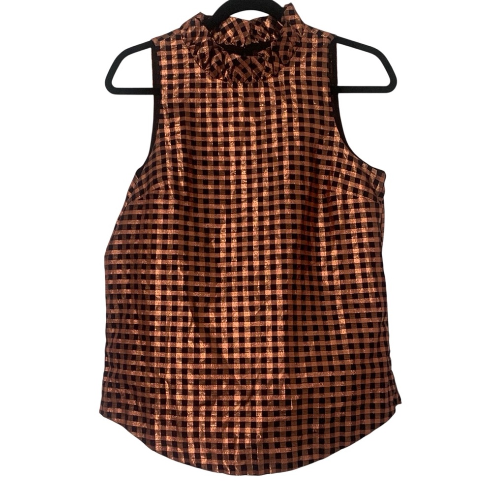 J Crew XS Rose Gold/Copper Lurex Checkered Sleeveless Top Ruffle Neck Top
